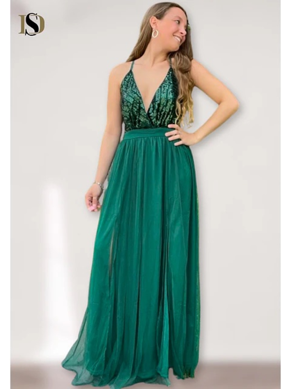 Elegant Green Sequin Plunge Evening Dress
